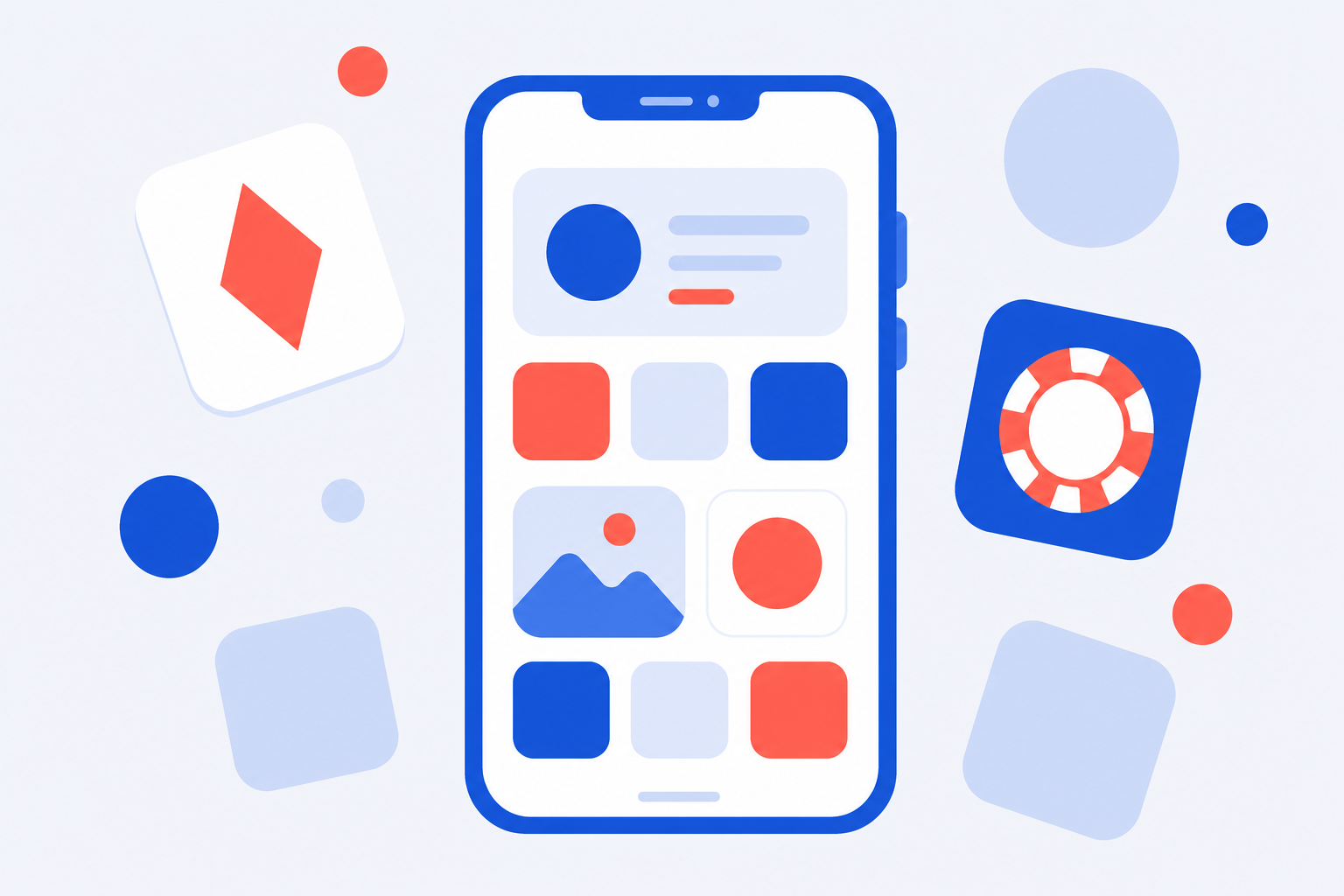 Illustration af en telefon med app-fliser omkring